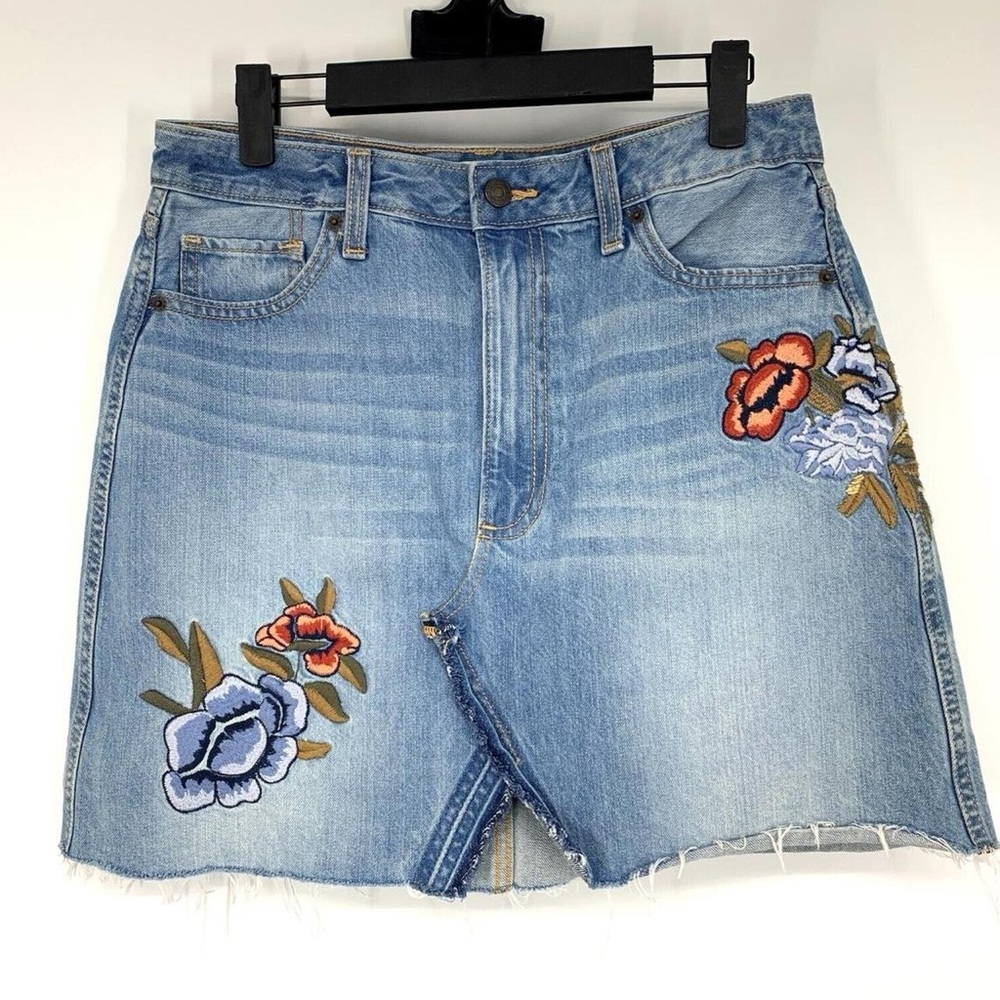 Abercrombie & Fitch Blue Denim Mini Skirt with Floral Embroidery